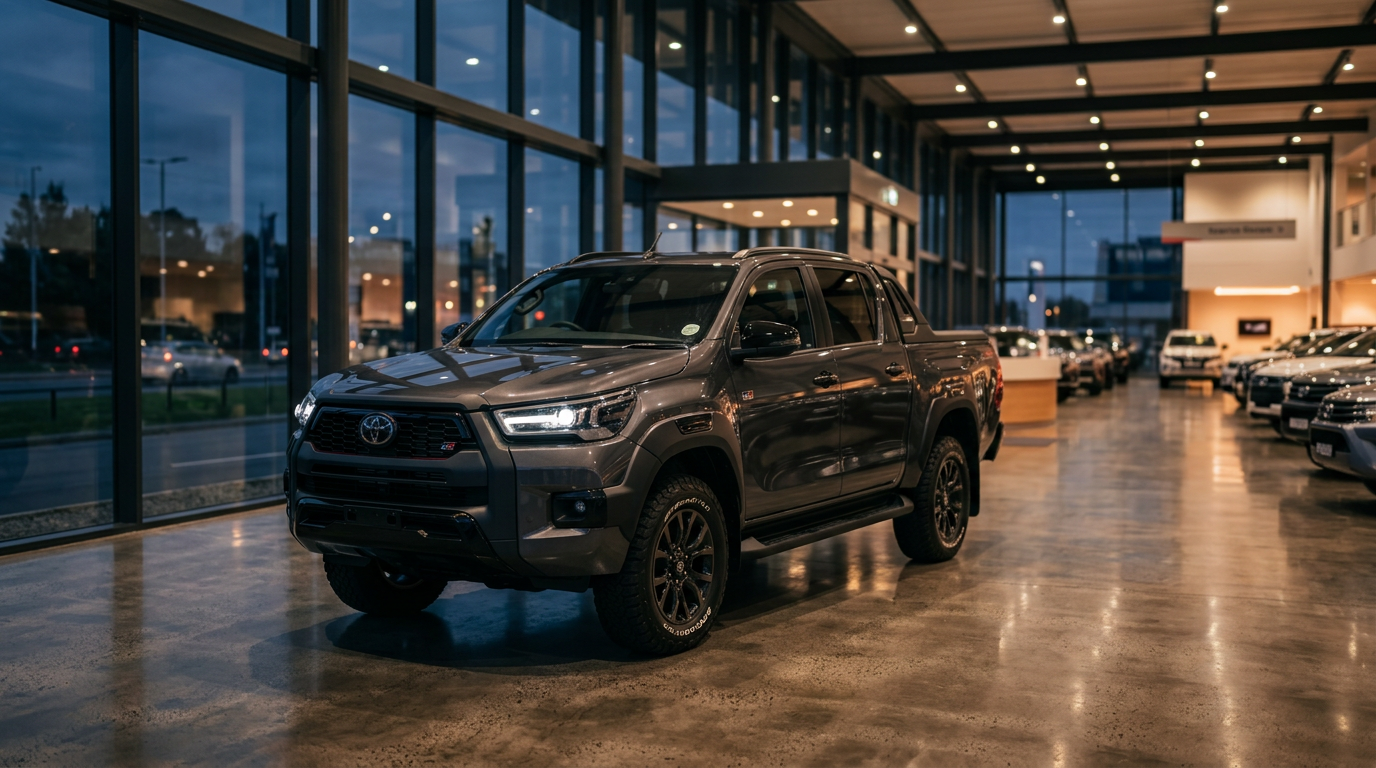 Toyota Hilux GR-Sport gris grafito en el salón de Airaldi Automotores